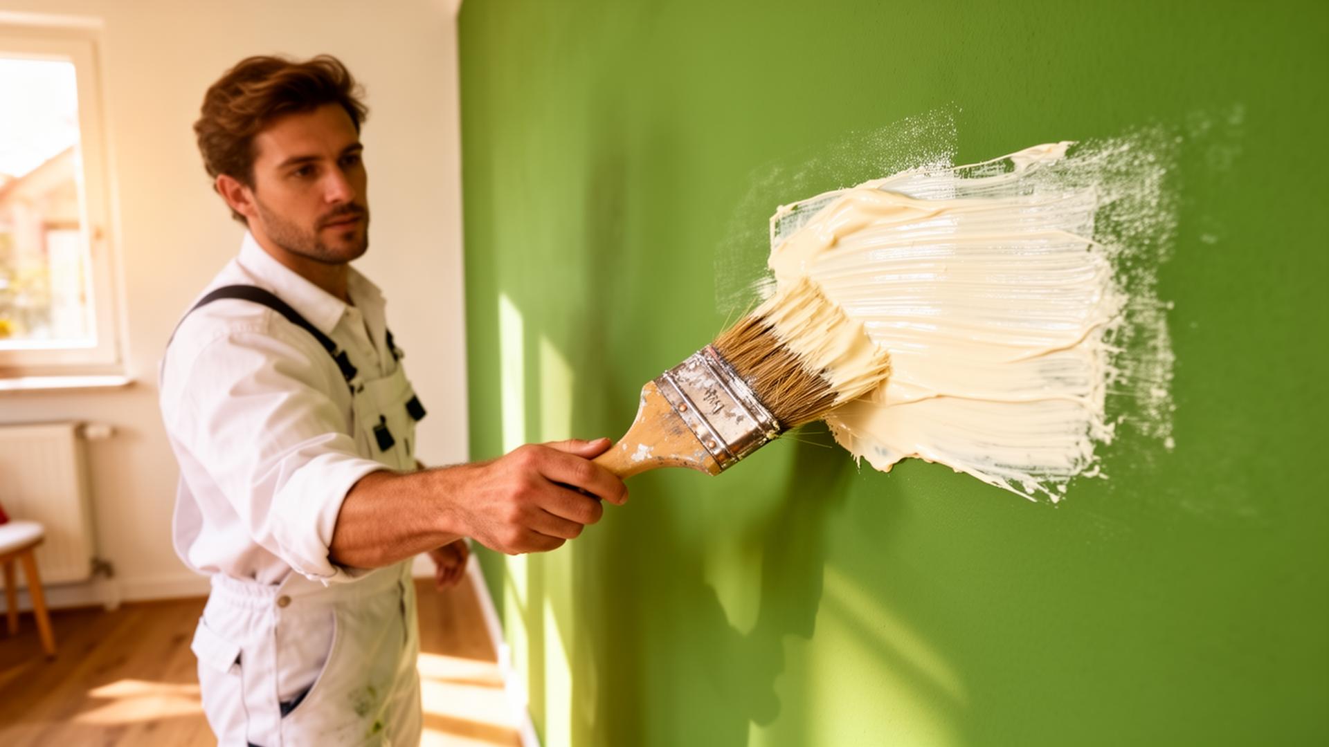 Maler streicht Wand in Ravensburg mit frischem Cremeton